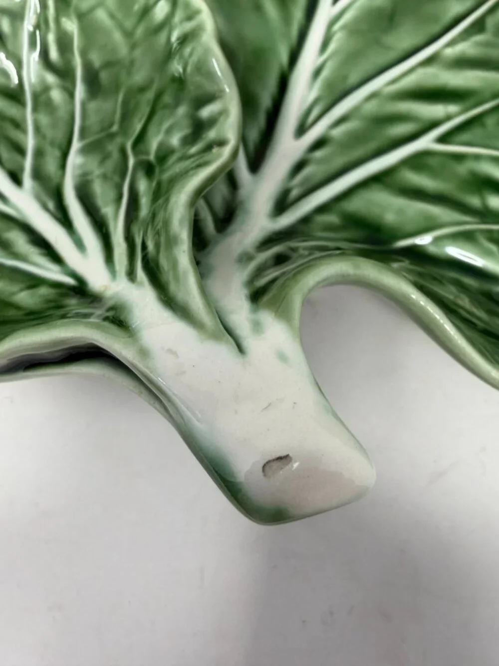 Bordallo Pinheiro cabbage leaf dish chips and dip Portugal green majolica